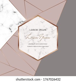 Geometric cover design with nude, grey triangles shapes and gold lines on the marble texture. Template for card, flyer, invitation, party, birthday, wedding, print advertising