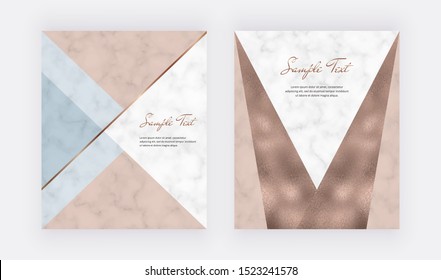 Geometric cover design with pink, blue, copper foil triangular shapes and golden lines on the marble texture. Template for wedding invitation, blog posts, banner, card, save the date, poster, flyer	
