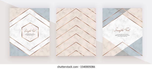 Geometric cover design with pink, blue triangular shapes and golden lines on the marble texture. Template for wedding invitation, blog posts, banner, card, save the date, poster, flyer	
