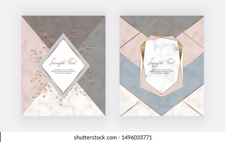 Geometric cover design with pink, gray triangular shapes and golden leafs frames on the marble texture. Template for wedding invitation, blog posts, banner, card, save the date, poster, flyer	
