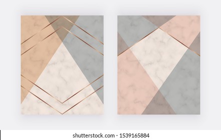 Geometric cover design with pink, grey triangular shapes and golden lines on the marble texture. Template for wedding invitation, blog posts, banner, card, save the date, poster, flyer	
