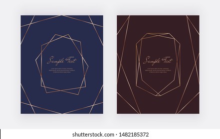 Geometric cover design with red and blue background and golden polygonal lines frames. Trendy templates for banner, flyer, poster, greeting.
