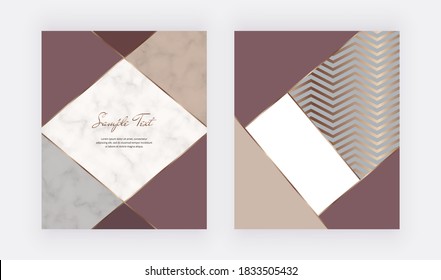 Geometrisches Cover-Design mit roten Dreiecksformen und goldenen Linien auf der Marmorstruktur. 