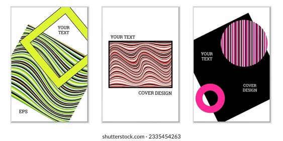 Geometrisches Cover-Design, Satz von 3 Covers. Abstrakter ungewöhnlicher Hintergrund im Memphis-Stil. Helle geometrische Formen in zufälliger Reihenfolge