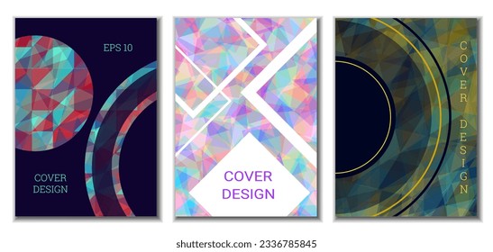 Geometric cover design, set of 3 covers. Abstract unusual background in Memphis style. Bright geometric shapes in random order