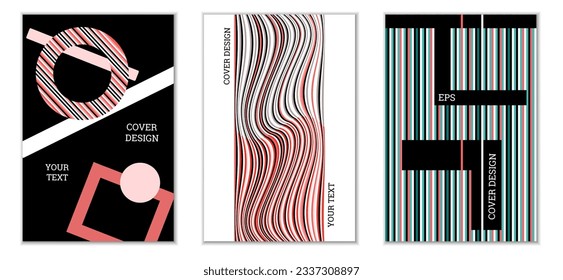 Geometric cover design, set of 3 covers. Abstract unusual background in Memphis style. Bright geometric shapes in random order