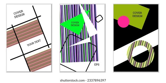 Geometrisches Cover-Design, Satz von 3 Covers. Abstrakter ungewöhnlicher Hintergrund im Memphis-Stil. Helle geometrische Formen in zufälliger Reihenfolge