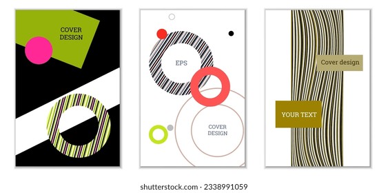 Geometric cover design, set of 3 covers. Abstract unusual background in Memphis style. Bright geometric shapes in random order