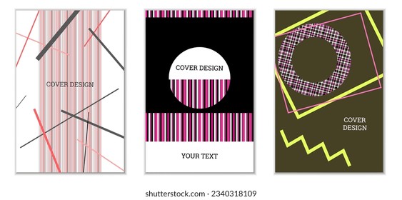 Geometrisches Cover-Design, Satz von 3 Covers. Abstrakter ungewöhnlicher Hintergrund im Memphis-Stil. Helle geometrische Formen in zufälliger Reihenfolge