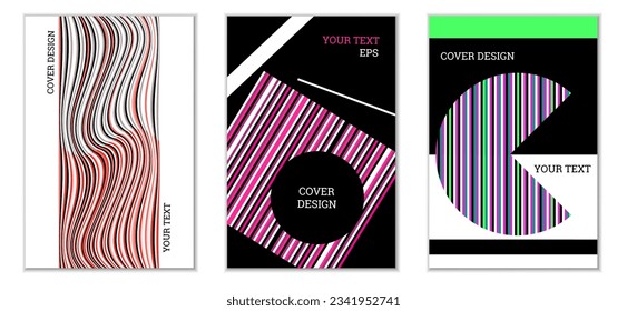 Geometric cover design, set of 3 covers. Abstract unusual background in Memphis style. Bright geometric shapes in random order