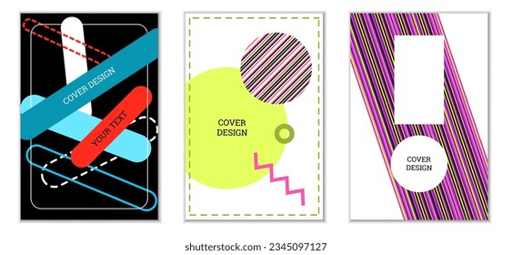 Geometric cover design, set of 3 covers. Abstract unusual background in Memphis style. Bright geometric shapes in random order