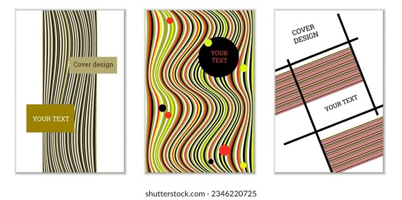 Diseño de cubierta geométrica, conjunto de 3 cubiertas. Resumen de antecedentes inusuales al estilo Memphis. Formas geométricas luminosas en orden aleatorio