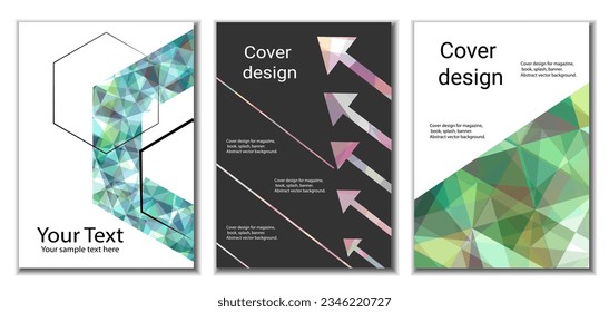 Geometric cover design, set of 3 covers. Abstract unusual background in Memphis style. Bright geometric shapes in random order