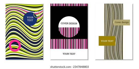 Geometrisches Cover-Design, Satz von 3 Covers. Abstrakter ungewöhnlicher Hintergrund im Memphis-Stil. Helle geometrische Formen in zufälliger Reihenfolge