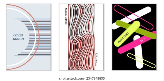 Diseño de cubierta geométrica, conjunto de 3 cubiertas. Resumen de antecedentes inusuales al estilo Memphis. Formas geométricas luminosas en orden aleatorio