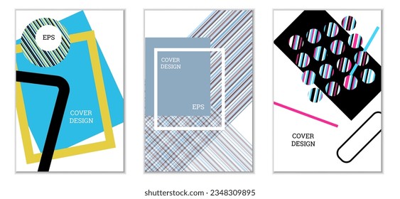 Diseño de cubierta geométrica, conjunto de 3 cubiertas. Resumen de antecedentes inusuales al estilo Memphis. Formas geométricas luminosas en orden aleatorio