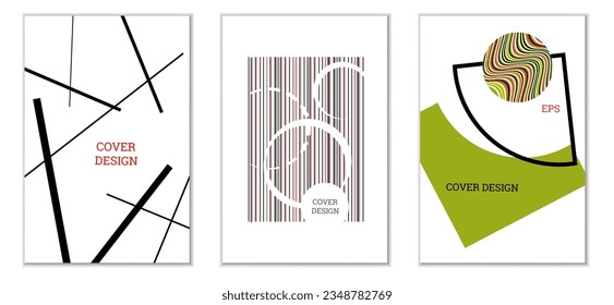 Geometrisches Cover-Design, Satz von 3 Covers. Abstrakter ungewöhnlicher Hintergrund im Memphis-Stil. Helle geometrische Formen in zufälliger Reihenfolge