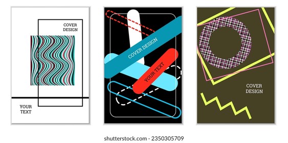Geometric cover design, set of 3 covers. Abstract unusual background in Memphis style. Bright geometric shapes in random order