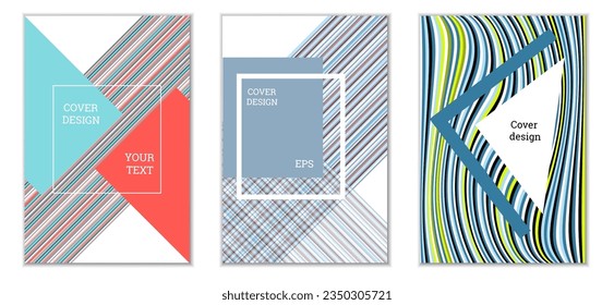 Geometric cover design, set of 3 covers. Abstract unusual background in Memphis style. Bright geometric shapes in random order