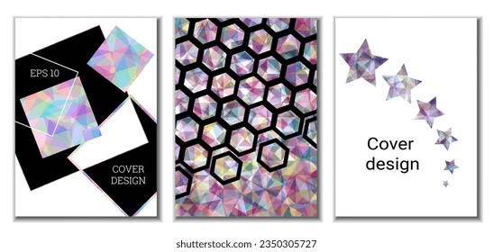 Geometric cover design, set of 3 covers. Abstract unusual background in Memphis style. Bright geometric shapes in random order