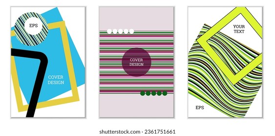 Geometric cover design, set of 3 covers. Abstract unusual background in Memphis style. Bright geometric shapes in random order