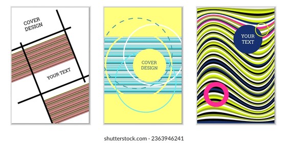 Geometric cover design, set of 3 covers. Abstract unusual background in Memphis style. Bright geometric shapes in random order