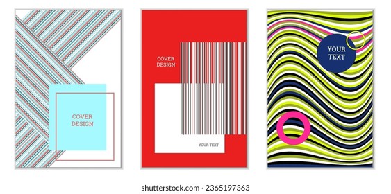 Geometric cover design, set of 3 covers. Abstract unusual background in Memphis style. Bright geometric shapes in random order