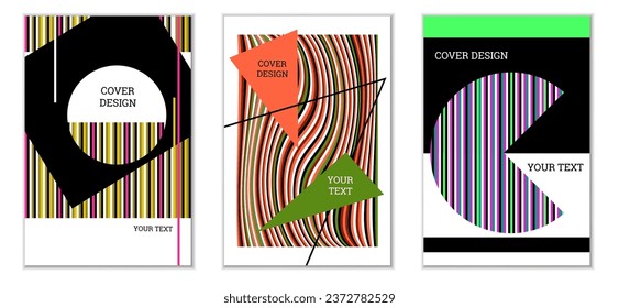 Geometric cover design, set of 3 covers. Abstract unusual background in Memphis style. Bright geometric shapes in random order