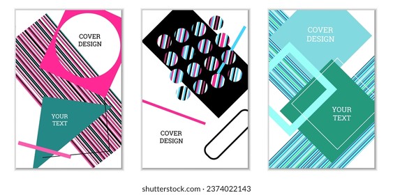 Geometric cover design, set of 3 covers. Abstract unusual background in Memphis style. Bright geometric shapes in random order