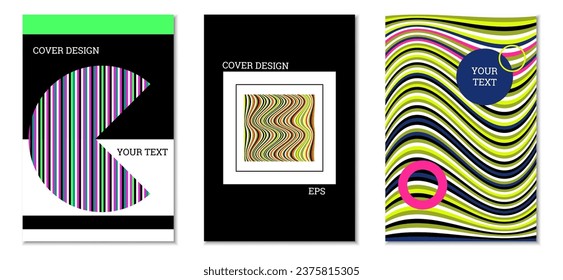 Geometrisches Cover-Design, Satz von 3 Covers. Abstrakter ungewöhnlicher Hintergrund im Memphis-Stil. Helle geometrische Formen in zufälliger Reihenfolge