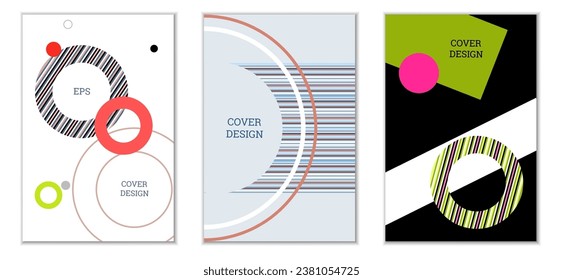 Geometric cover design, set of 3 covers. Abstract unusual background in Memphis style. Bright geometric shapes in random order