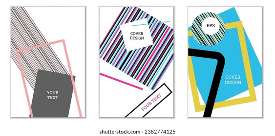 Geometric cover design, set of 3 covers. Abstract unusual background in Memphis style. Bright geometric shapes in random order