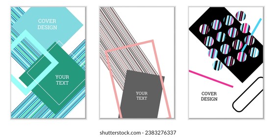 Geometric cover design, set of 3 covers. Abstract unusual background in Memphis style. Bright geometric shapes in random order