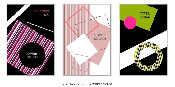 Geometric cover design, set of 3 covers. Abstract unusual background in Memphis style. Bright geometric shapes in random order