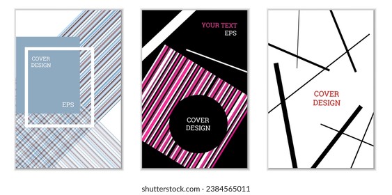 Geometric cover design, set of 3 covers. Abstract unusual background in Memphis style. Bright geometric shapes in random order