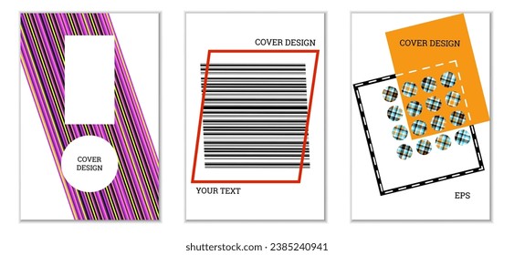 Geometric cover design, set of 3 covers. Abstract unusual background in Memphis style. Bright geometric shapes in random order