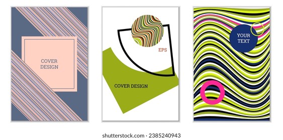 Geometric cover design, set of 3 covers. Abstract unusual background in Memphis style. Bright geometric shapes in random order