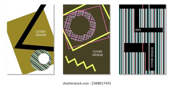 Geometric cover design, set of 3 covers. Abstract unusual background in Memphis style. Bright geometric shapes in random order