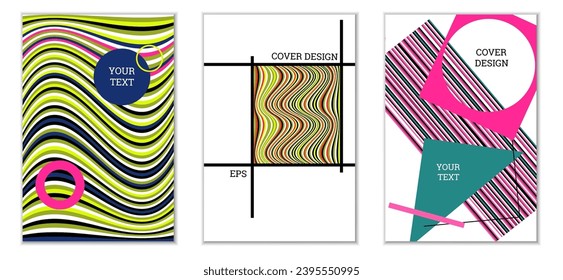Diseño de cubierta geométrica, conjunto de 3 cubiertas. Resumen de antecedentes inusuales al estilo Memphis. Formas geométricas luminosas en orden aleatorio