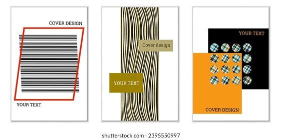 Geometric cover design, set of 3 covers. Abstract unusual background in Memphis style. Bright geometric shapes in random order