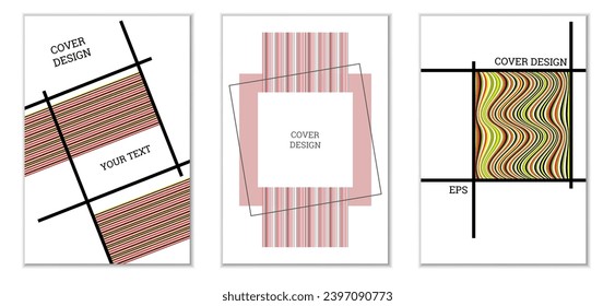 Diseño de cubierta geométrica, conjunto de 3 cubiertas. Resumen de antecedentes inusuales al estilo Memphis. Formas geométricas luminosas en orden aleatorio