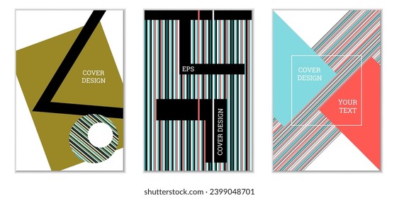 Geometric cover design, set of 3 covers. Abstract unusual background in Memphis style. Bright geometric shapes in random order