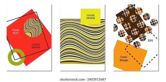 Geometrisches Cover-Design, Satz von 3 Covers. Abstrakter ungewöhnlicher Hintergrund im Memphis-Stil. Helle geometrische Formen in zufälliger Reihenfolge