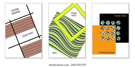 Diseño de cubierta geométrica, conjunto de 3 cubiertas. Resumen de antecedentes inusuales al estilo Memphis. Formas geométricas luminosas en orden aleatorio