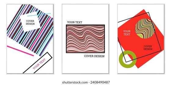Geometric cover design, set of 3 covers. Abstract unusual background in Memphis style. Bright geometric shapes in random order