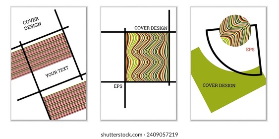 Diseño de cubierta geométrica, conjunto de 3 cubiertas. Resumen de antecedentes inusuales al estilo Memphis. Formas geométricas luminosas en orden aleatorio