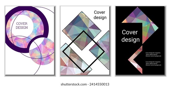 Geometric cover design, set of 3 covers. Abstract unusual background in Memphis style. Bright geometric shapes in random order
