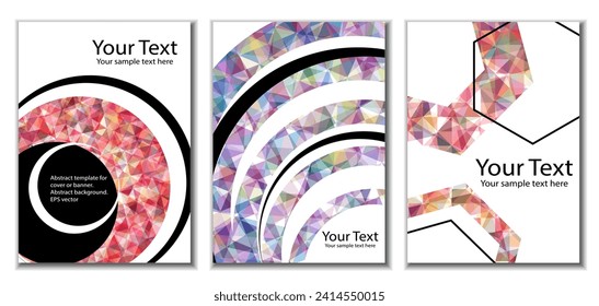 Geometric cover design, set of 3 covers. Abstract unusual background in Memphis style. Bright geometric shapes in random order