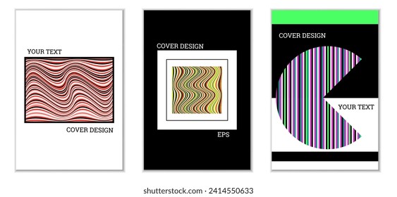 Geometrisches Cover-Design, Satz von 3 Covers. Abstrakter ungewöhnlicher Hintergrund im Memphis-Stil. Helle geometrische Formen in zufälliger Reihenfolge