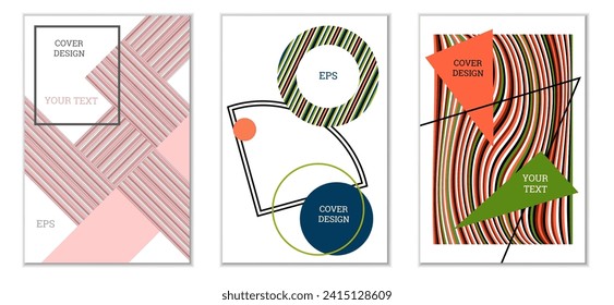 Geometric cover design, set of 3 covers. Abstract unusual background in Memphis style. Bright geometric shapes in random order